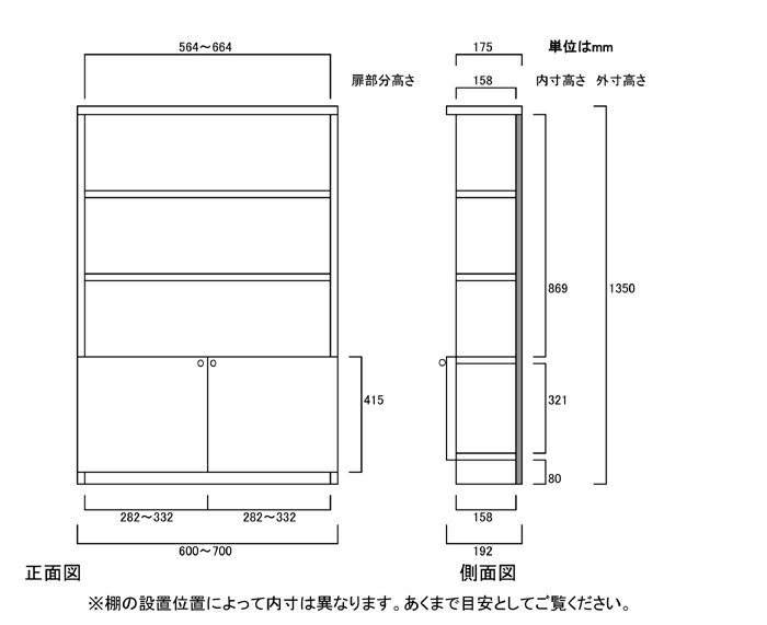 扉付オーダー書棚高さ135cm幅60〜70cm奥行19cm厚棚板（棚板厚み2.5cm）両開き 扉高さ41.5cm 扉付台所収納 オーダー書棚