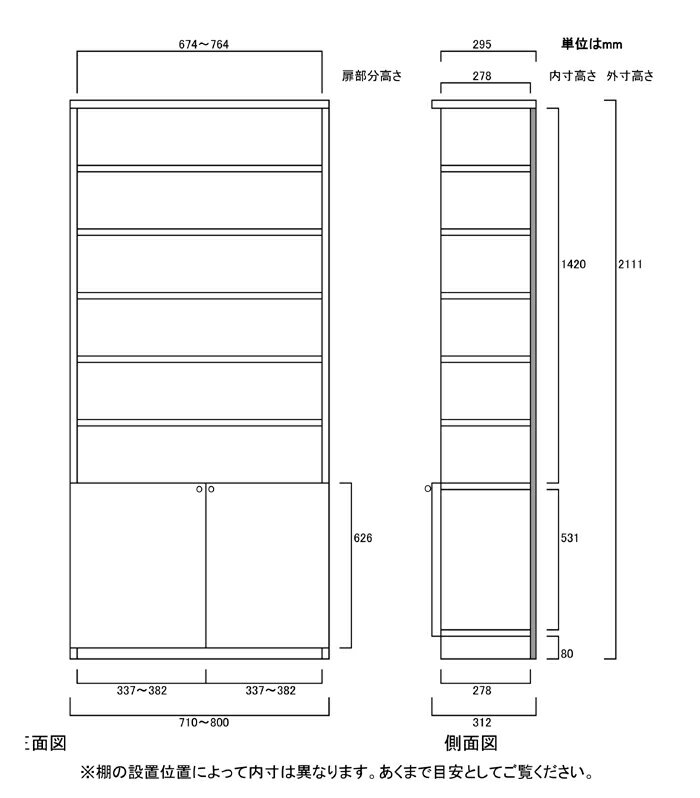 扉付壁面書庫高さ211．1cm幅71〜80cm奥行31cm厚棚板（棚板厚み2.5cm）両開き 扉高さ62.6cm 扉付書斎ボード 壁面書庫