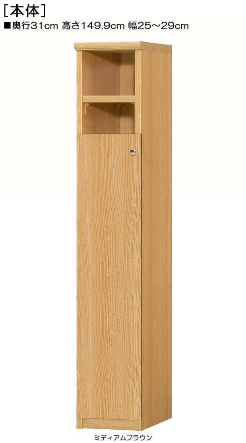 扉付キッチン隙間収納高さ149．9cm幅25〜29cm奥行31cm厚棚板（棚板厚み2.5cm）片開き 扉高さ109.5cm 扉付応接間本棚 キッチン隙間収納