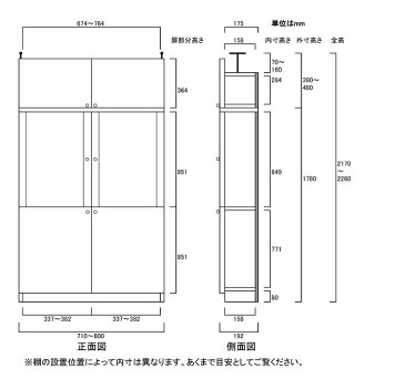 薄型カップボード高さ217〜226cm幅71〜80cm奥行19cm厚棚板(棚板厚2.5cm)(高さ=ラック高さ178cm+突っ張り棚高さ32cm+伸縮突っ張り金具)半透明両開き扉薄型カップボード