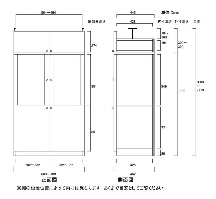 扉付き木製台所収納棚高さ208〜217cm幅60〜70cm奥行46cm厚棚板（棚板厚2.5cm）（高さ＝ラック高さ178cm＋突っ張り棚高さ23cm＋伸縮突っ張り金具）半透明両開き扉扉付き木製台所収納棚