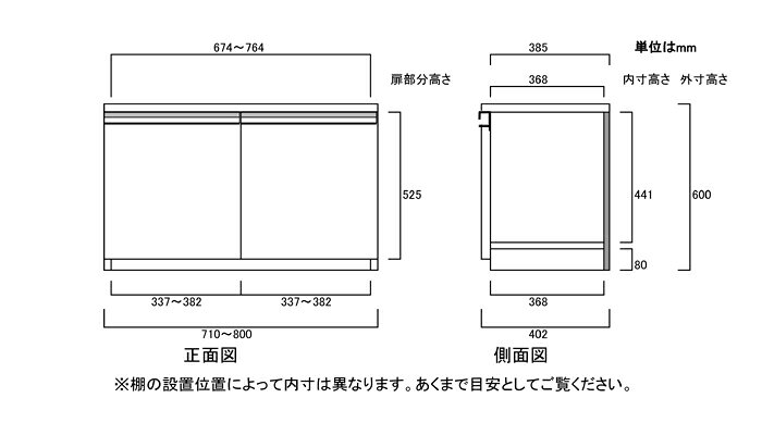フラット扉扉付き頑丈AVラック 高さ60cm幅71〜80cm奥行40cm厚棚板（棚板厚み2.5cm） 両開き フラット扉付ダイニング家具 本棚 幅 76 cm 横幅 指定 3