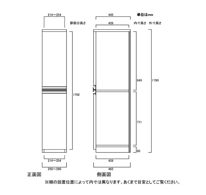 フラット扉壁収納 高さ178cm幅25〜29cm奥行46cm厚棚板（棚板厚み2.5cm） 上下共片...