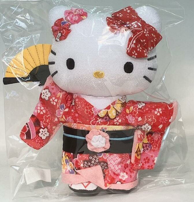 寺子屋 KT240M-RE KTちりめん日本人形 ハローキティ ぬいぐるみ Mサイズ 20cm 着物 和服 扇子 和柄 花柄 可愛い サンリオ 人形 HELLO KITTY キティちゃん レッド 女性 こども 女の子 外国人 プレゼント ギフト 日本 お土産 JAPAN