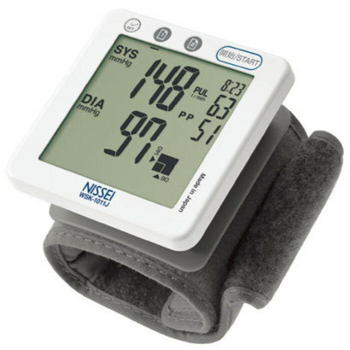 NISSEI 日本精密測器 WSK-1011J 手首式デジタル血圧計 日本製 欧州高血圧学会臨床精度試験合格 Mカフ搭載 タッチセンサースイッチ ファジィ制御加圧 乾電池式 時計機能 不規則脈波リズムチェック機能 血圧値 脈圧表示 手首型 血圧測定 健康管理 管理医療機器