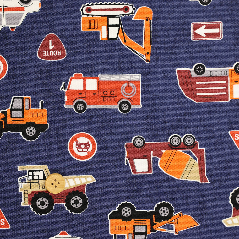Cotton （Patterned Cloth） - 国産オックス 『はたらく車たち ネイビー』 110cm幅/10cm単位 生地/布