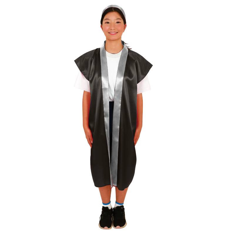 サテンロングハッピ(ハチマキ付) 黒(襟銀) M