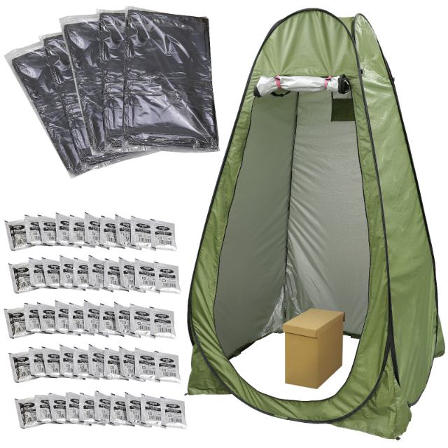 商品の説明 ⇒ 他の防災グッズを探す 商品説明：50回分処理セット、商品サイズ（単位mm)：トイレ（梱包サイズ）：578×257×68mm、トイレストック(防臭袋付)50回分：300×200×170mm、テント組立時:約120×120×19...