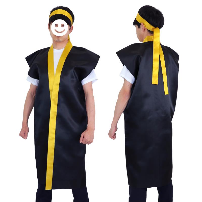 サテンロングハッピ黒（襟金）L はちまき/ハチマキ金付