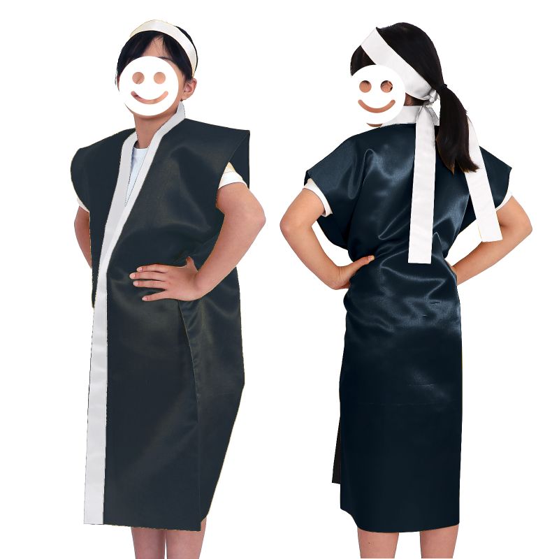 サテンロングハッピ黒（襟銀）S はちまき/ハチマキ銀付