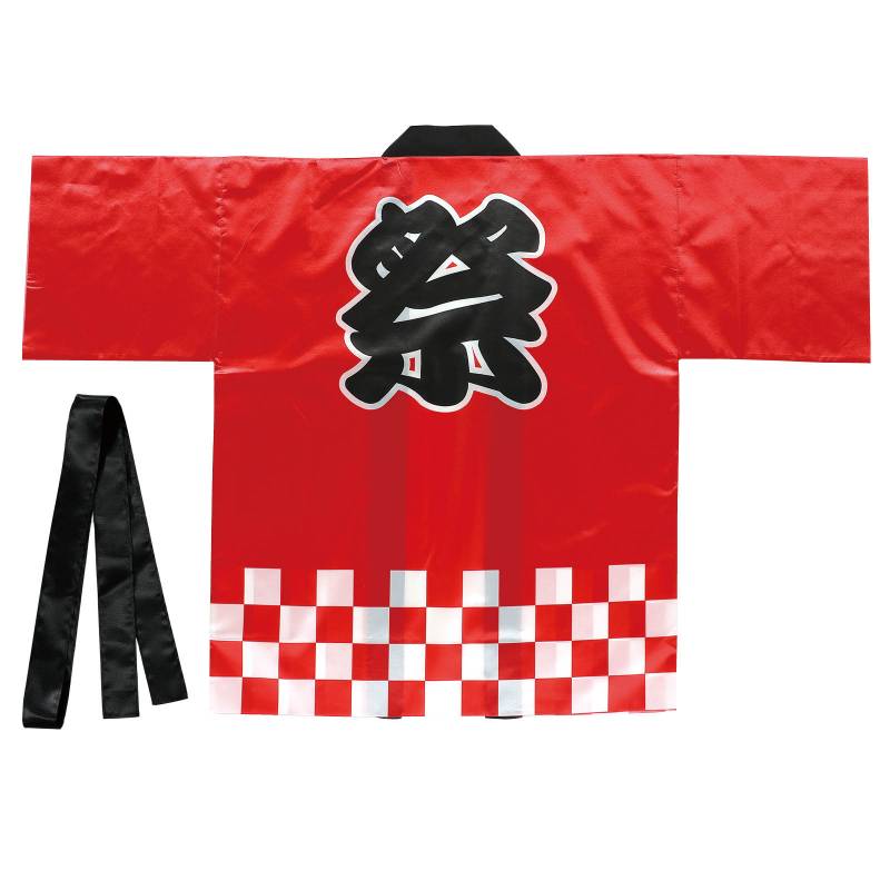 サテンハッピ 祭 市松柄 赤 L