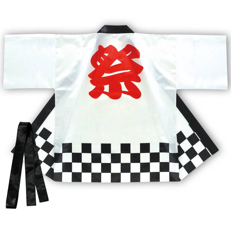 サテンハッピ 祭 市松柄 白 L