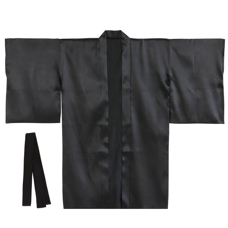 ソフトサテン ロングハッピ 袖付 黒 LL (ハチマキ付)