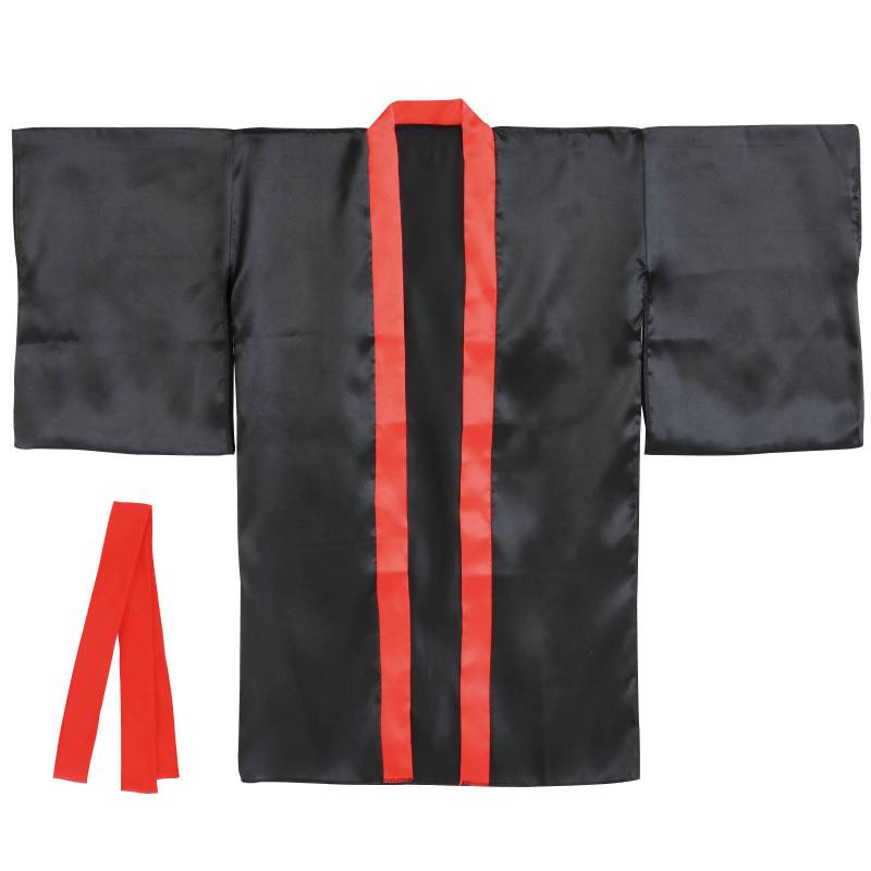 ソフトサテン ロングハッピ 袖付 黒 襟赤 LL (ハチマキ付)