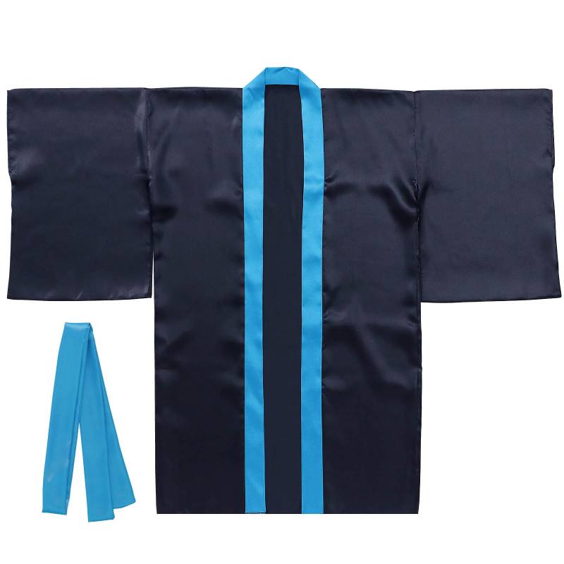 ソフトサテン ロングハッピ 袖付 黒 襟青 LL (ハチマキ付)