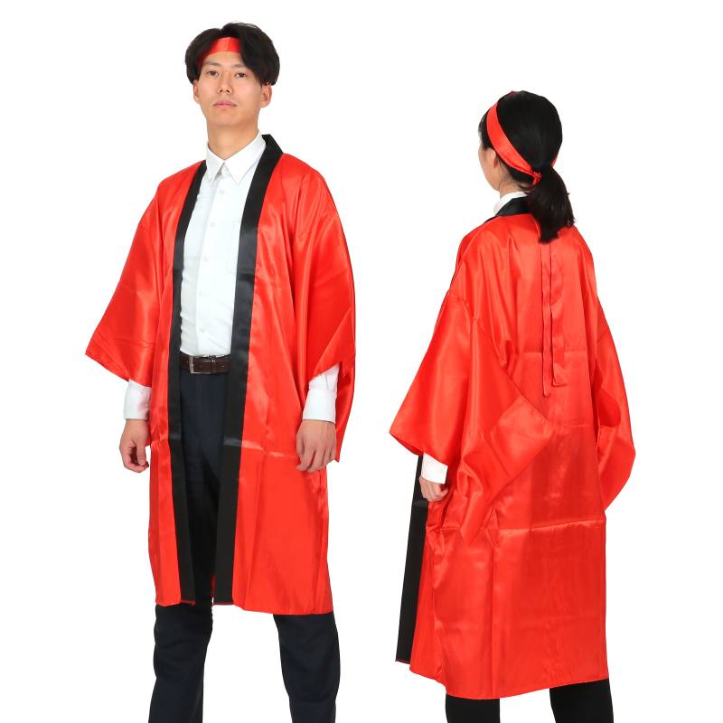 ソフトサテン ロングハッピ袖付 赤 L (ハチマキ付)