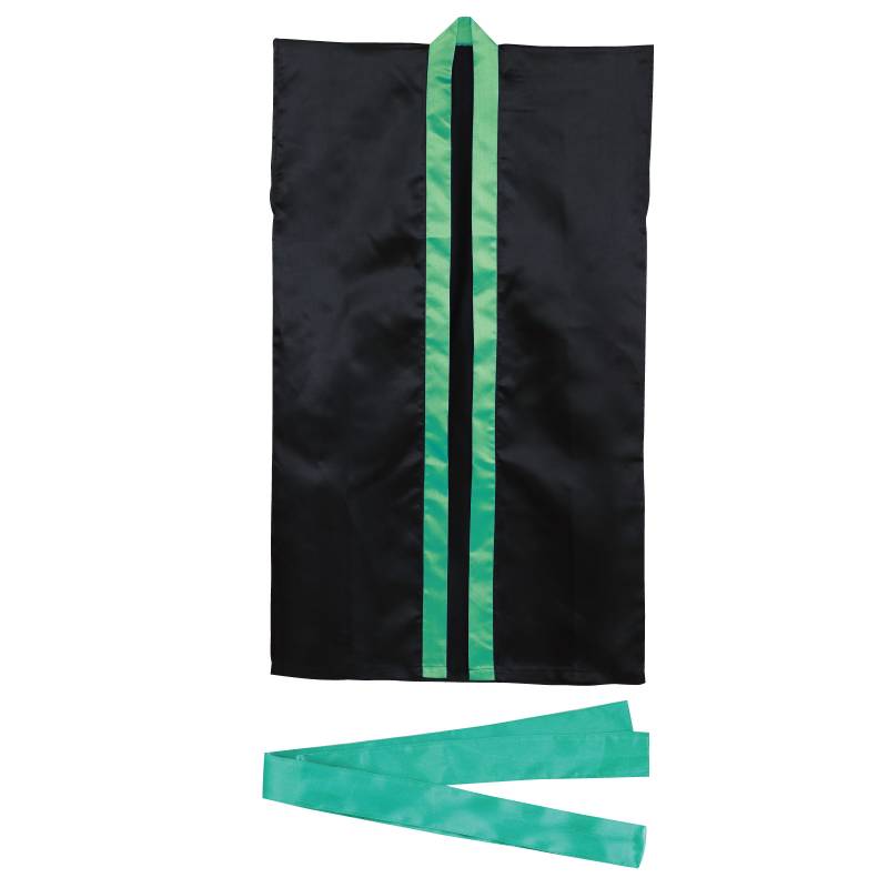 乐天商城 - ソフトサテン ロングハッピ 黒 襟緑 S (ハチマキ付)