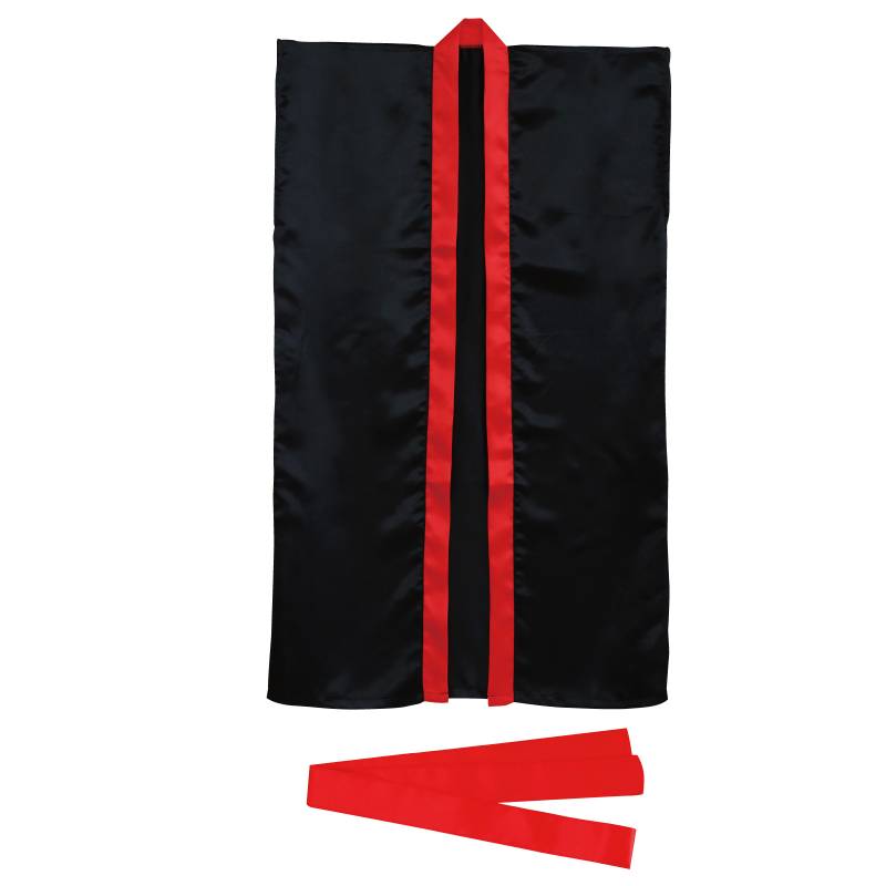 ソフトサテン ロングハッピ 黒 襟赤 M (ハチマキ付)