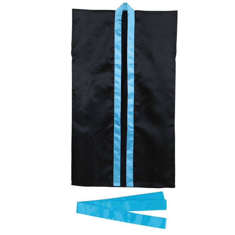 ソフトサテン ロングハッピ 黒 襟青 M (ハチマキ付)