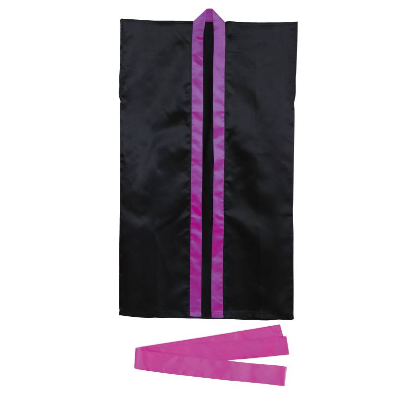 ソフトサテン ロングハッピ 黒 襟紫 M (ハチマキ付)