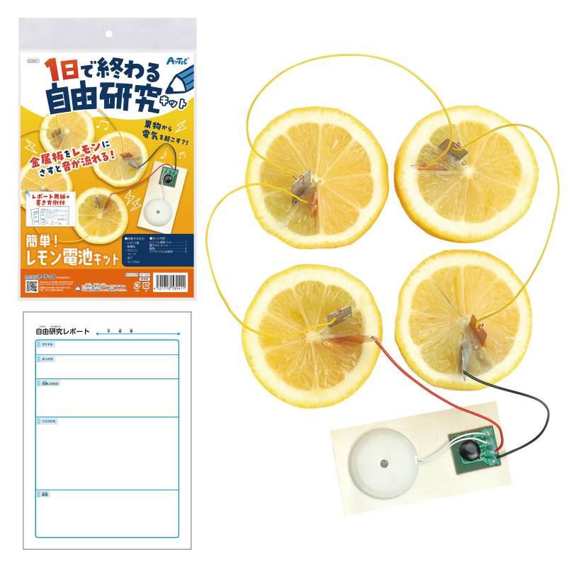 商品の説明 ⇒ 他種類の工作キットを探す 商品説明：自由研究にぴったり!1日で果物から電気を生み出す実験ができる!1日で終わる自由研究キットシリーズの「簡単!レモン電池」です。レモンの「酸」と「マグネシウム合金」を利用して電気を発生させる実験キットです。付属のレポート用紙に実験結果や、電池になる秘密をまとめれば、そのまま学校に提出もできます。書き方例もあるので、レポートが苦手な子どもでも安心して取り組めます。【対象年齢】小学生以上【目安制作時間】30分【別途用意するもの】レモン2個、単3電池1本、セロハンテープ、ラップ、包丁。【1日で終わる自由研究キットとは?】工作や実験が”その日のうちに完成”し、さらに学校提出用のレポートまでまとめられるシリーズです。自由研究の宿題でよくある、「テーマが決まらない」「レポートの書き方が難しい」という悩みを解消するために、レポート用紙と書き方の見本をセットにしました。”作る→調べる→レポートにまとめる”までがスムーズにでき、お子様が自分の力で取り組みやすい仕様です。1日で終わる自由研究キット 簡単レモン電池 実験 実験キット 実験セット 理科 科学 科学工作 クラフト 工作キット 自由工作 自由研究 夏休み 冬休み 小学校 中学校 教材 イベント ワークショップ 景品 プレゼント おうち遊び 室内遊び注意:レモンは付属しません。商品サイズ（単位mm)：ビニール導線：約φ0.8x1m、電子オルゴール：約80×30×3mm(リード線含まず)、銅板・マグネシウム合金板：約40×50mm、レポート用紙・記入例：297×210mmセット内容：ビニール導線(1m)×1、電子オルゴール×1、銅板×4、マグネシウム合板×4重量（g）：31材質：銅、マグネシウム合金包装形態：ヘッダー付き袋入り販売単位：個生産国：中国パーティ・イベント衣装・コスチューム・ワークショップ・宴会・知育・おもちゃ・工作・自由研究・子供会・宿題・学校教材・教育・運動会・発表会・キット・備品・クラフト・アーテック/Artec 激安手芸用品通販店ウイングスだからできる問屋価格です ※工場からのお取り寄せになりますので、ご注文が確定してもタイミングにより売り切れ・入荷待ち状態である場合がございます。 ※お使いのディスプレイや環境によって画像のお色と異なる場合がございます。予めご了承お願いします。 ご注意 ※工場からのお取り寄せになりますので、ご注文が確定してもタイミングにより売り切れ・入荷待ち状態である場合がございます。 ※お使いのディスプレイや環境によって画像のお色と異なる場合がございます。予めご了承お願いします。