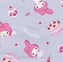 国産 オックス サンリオ マイメロディ ケーキ柄 パープル 109cm巾×10cm単位 生地 布 キッズ 入園 入学