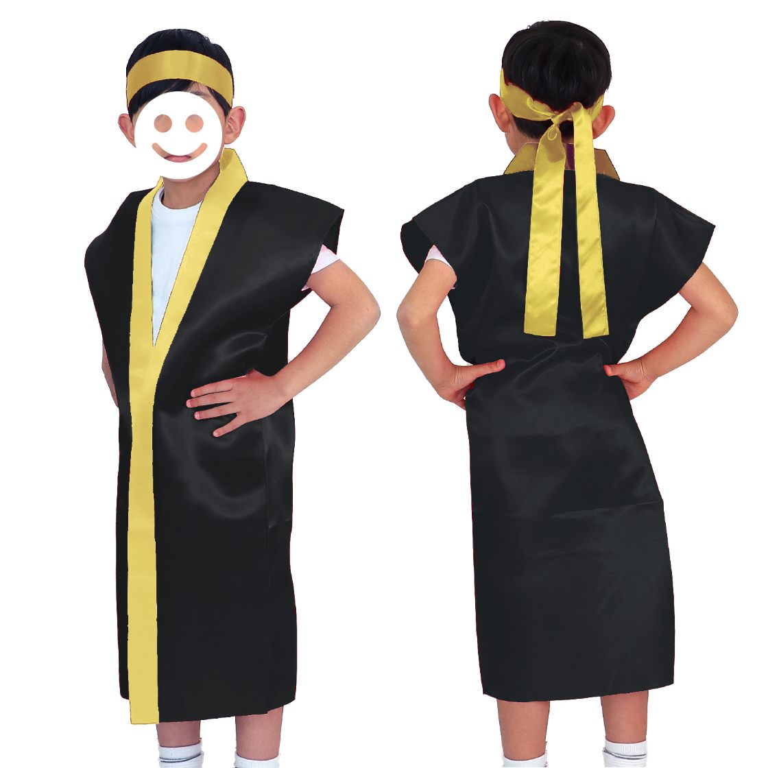 サテンロングハッピ　黒（金襟）　J（はちまき/ハチマキ付）