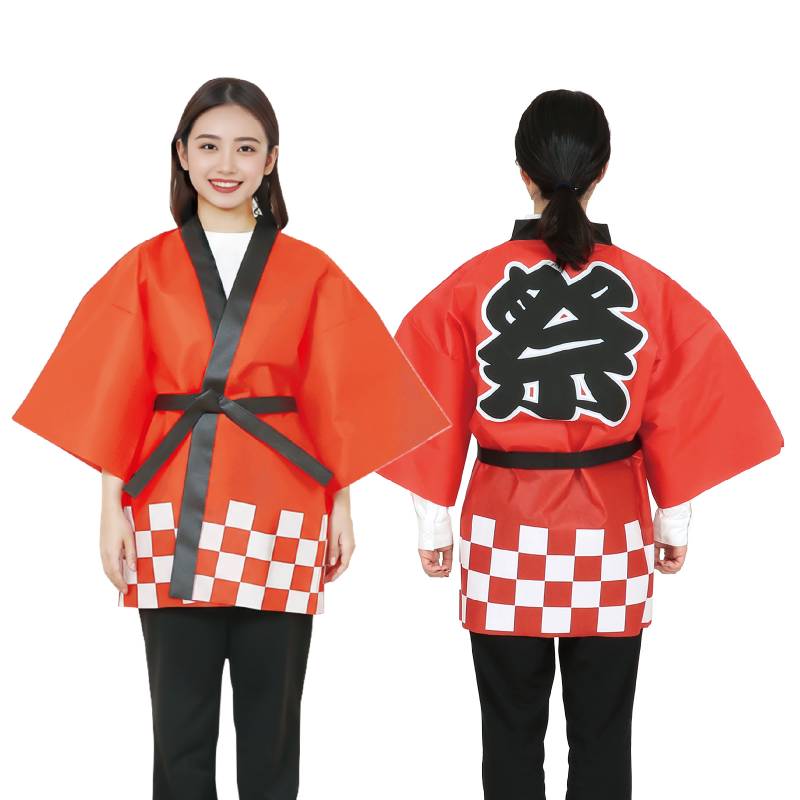 カラー不織布ハッピ 祭 赤 M 市松柄