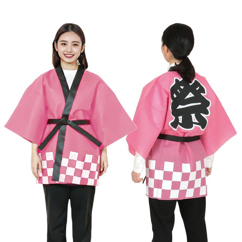 カラー不織布ハッピ 祭 桃 M 市松柄