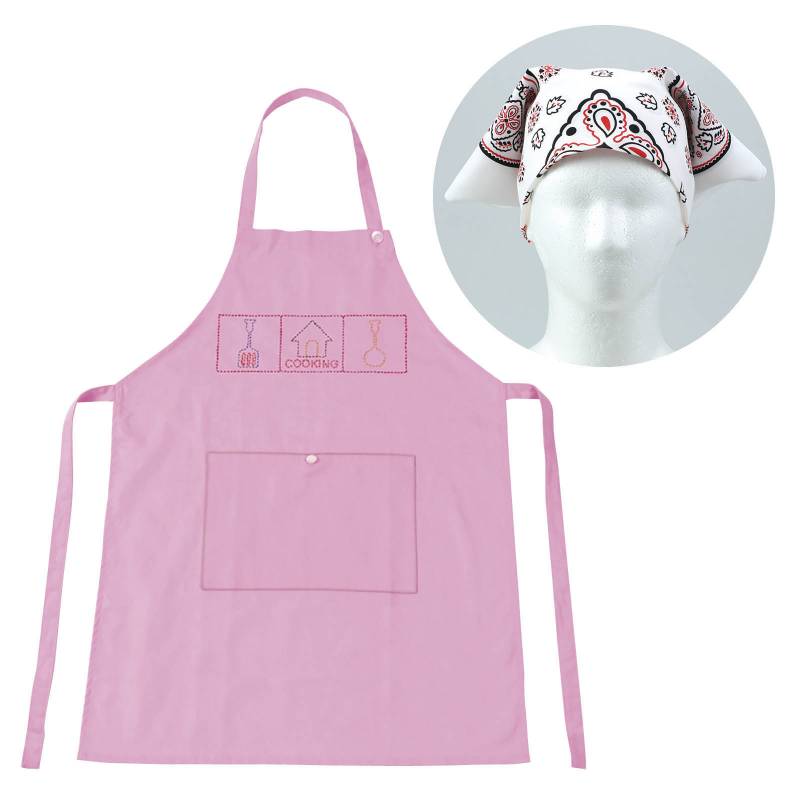 基礎縫いエプロン ピンク (バンダナ白)