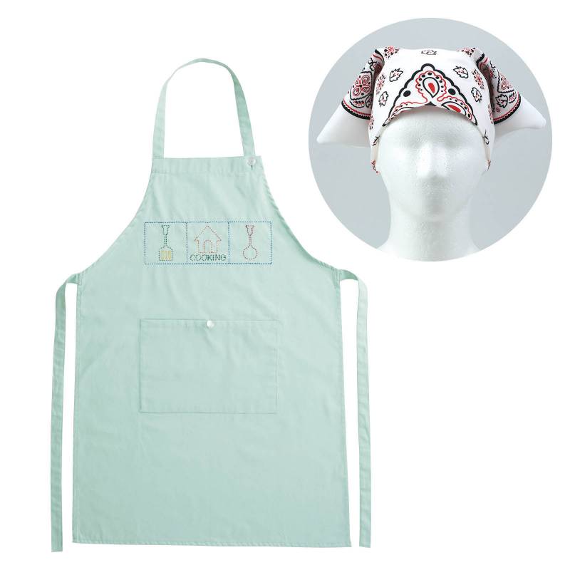 基礎縫いエプロン グリーン (バンダナ白)