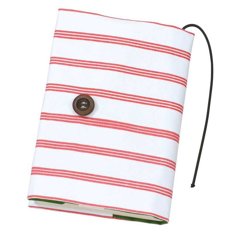 基礎縫いブックカバー緑×赤ストライプ