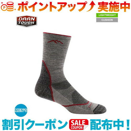 ■サイズ：M（24.5cm-27.0cm）、L（27.0cm-29.0cm）■素材：メリノウール43％、ナイロン54％、Lycraスパンデックス3％■クッション：ライトクッション■適用カテゴリー：ハイキング、トレッキングDARN TOUGH ダーンタフ メンズ 1972 ライトハイカーマイクロクルー ライトウェイトクッションは丈夫なハイク／トレック向けの靴下です。メリノウールをDARN TOUGH VERMONTソックス独自のニッティング技術により密度の高く弾力性のあるループ編みにより高いクッション性で衝撃を吸収します。アンクル上部には、ずれにくいリビングを施し適切なフィットを実現。伸縮性のあるアーチサポートがあり、長時間・長期間のハイクにおいても快適に、そして耐久性はDarn Tough（驚く程タフ）です。アクティビティに対応しております。●TRUE SEAMLESS（リング編みつま先構造）：非常に柔軟性に優れ密に編み込まれたテリーループ構造で、つま先部分をシームレス化し、快適な履き心地を実現します。●お手入れ方法：ダーンタフソックスを長持ちさせるために、ソックスを裏返して、液温40℃を限度とし、洗濯機で弱水流で洗ってください。漂白剤の使用及びドライクリーニングは避けて下さい。乾燥機に掛ける場合は、低温にしてください。出品商品の在庫について当店ならびに仕入先に在庫のある商品を出品しています。当店に在庫が無かった場合、メーカーお取寄せ後の発送になる場合がございます。多店舗販売、入荷数が少ない商品、ご注文をいただいた後に仕入先に手配する商品もございますのでご注文をいただいても、納期遅延や在庫を切らしている場合がございます。その際はメールにてご連絡させていただきます。品切れの際はご容赦下さいませ。
