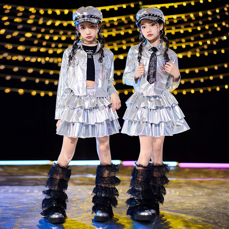 キッズ ダンス レザー シルバー セットアップ ジャケット タンクトップ スカート 子供服 ストリート 韓国 原宿系 ヒップホップ ダンス衣装 ジャズダンス チームダンス hiphop 女の子 上下セット 子供 HIPHOP ダンス衣装 練習着 応援団 チアダンス 演出服 発表会 かっこいい