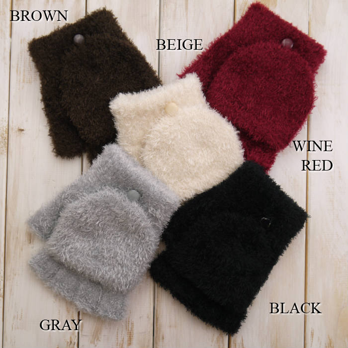 無地 フード付き指切りタイプ ミトン のびのびニット レディースグローブ 婦人冬物手袋 日本製