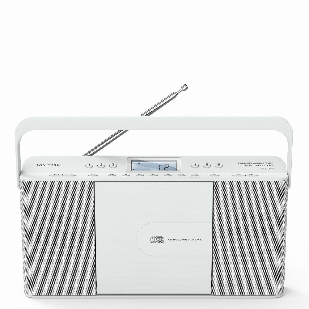 商品情報メーカー名WINTECH型番CDC-810Wカラーホワイトサイズ本体サイズ：W310×D64×H161mm本体重量：約1.2kg電源AC100V(アダプター付属)/単2乾電池×4本(別売)スペック＊CD/ラジオ/ブザーの音を選べる目覚まし機能 ※ACアダプター時＊デュアルアラーム機能 ※ACアダプター時＊12時間/24時間表示 ※ACアダプター時＊繰り返し音が鳴るスヌーズ機能 ※ACアダプター時 　※時計関連機能はACアダプターのみ使用可能(電池使用は不可)＊3.5mmヘッドフォン端子＊3.5mm外部音声入力端子＊スリープタイマー機能(10～90分)＊イコライザー機能(JAZZ・POPS・ROCK・CLASSIC・OFF)＊バックライトディスプレイ搭載＊出力：約1W×2(CD使用時)、2W×2(USB・FM・AUX時)＊消費電力：約10W【CD部】＊CD-R/RW再生可能 ※MP3・WMA再生対応＊リピート(1曲・全曲)/プログラム(20曲※MP3は99曲)/ランダム再生機能【USB部】＊MP3・WMA再生対応＊最大128GBまで【ラジオ部】＊FM(FMワイドバンド対応)デジタルチューナー搭載＊自動/手動プリセットメモリー(最大40局)＊おこのみボタン×6搭載付属品ACアダプター/取扱説明書(保証書)商品説明メーカー保証：1年モニターの発色具合によって実際のものと色が異なる場合がございます。 ※本機の時計関連機能はACアダプターのみ使用可能(電池使用は不可)です。WINTECH CDクロックラジオ CDC-810W ホワイト スリム　縦型 FMラジオ CD再生 MP3再生 デジタル表示 目覚まし アラーム 時計 USBメモリ再生　乾電池対応　ハンドル CD、ラジオ、ブザー、USBを使って目覚まし時計として使用できます。2つのアラームを設定可能なデュアルアラーム機能搭載。〜ラジカセ・ラジオのWINTECH〜 2