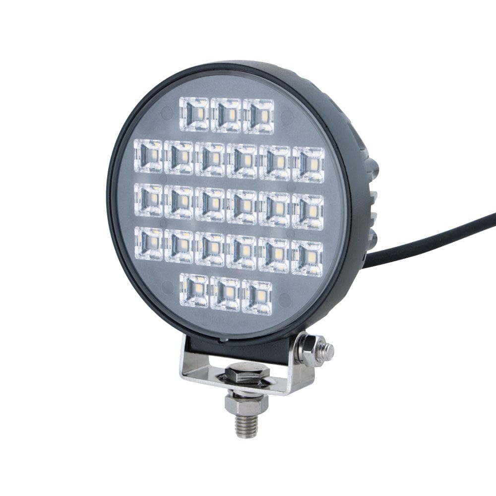 使い勝手のよい丸型タイプのLEDワークランプ作業灯や、トラック用の路肩灯・フォグランプ・バックフォグ・庫内灯など、様々な使用例があるワークランプにサイズ別(3インチ・3.5インチ・4.5インチ)をご用意。12V〜24V車対応。色温度は使い勝手良い6000K(ケルビン)のホワイト色を採用。スポットと拡散のいいとこ取りした新型レンズを採用し、理想的な光の広がりを実現。●動作電圧 12〜最大32V ●定格電力(W) 24 ●サイズ(inch) 4.5 ●電流(A) 12V:2.0/24V:1.0 ●明るさ(Lm) 2000 ●色温度(K) 6000 ●適合 12〜24V車 ●用途 電装パーツ ※ノイズ対策商品ではございません。