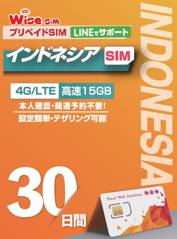 【WISE SIM】インドネシア プリペイドSIM データ容量 15GB 利用期間 30日 ローミングSIM prepaidSIM SIMピン付き