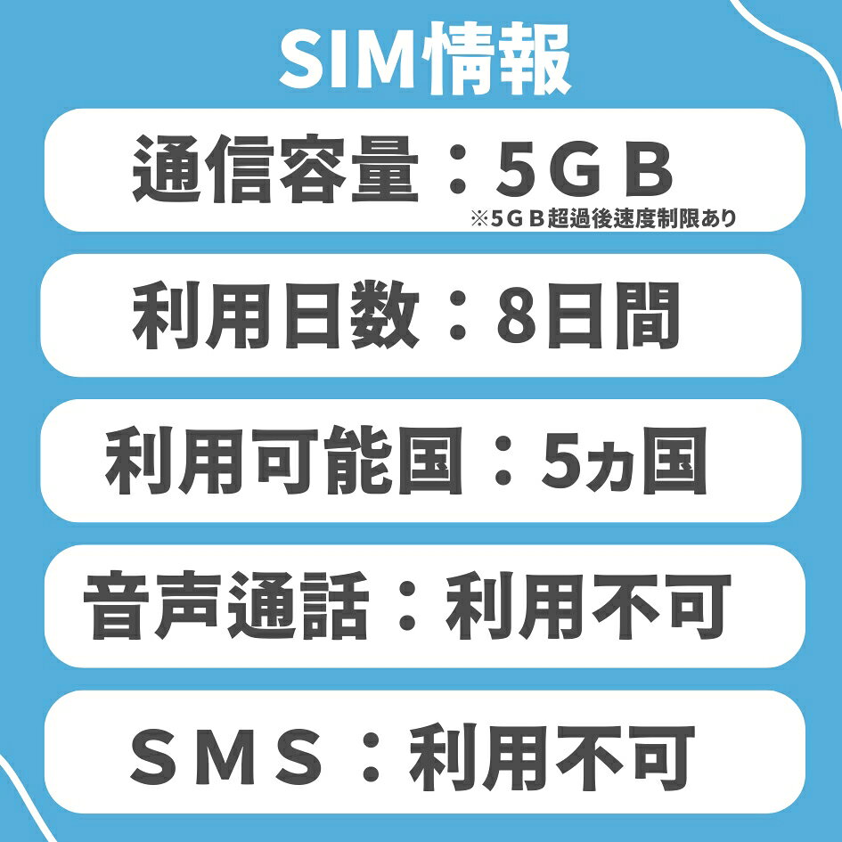 【WISE SIM】東南アジア5ヵ国周遊SIM 利用期間 8日 データ容量5GB　4Gデータ通信 プリペイドSIM ローミングSIM 利用可能国：インドネシア・シンガポール・タイ・ベトナム・マレーシア 商品画像3