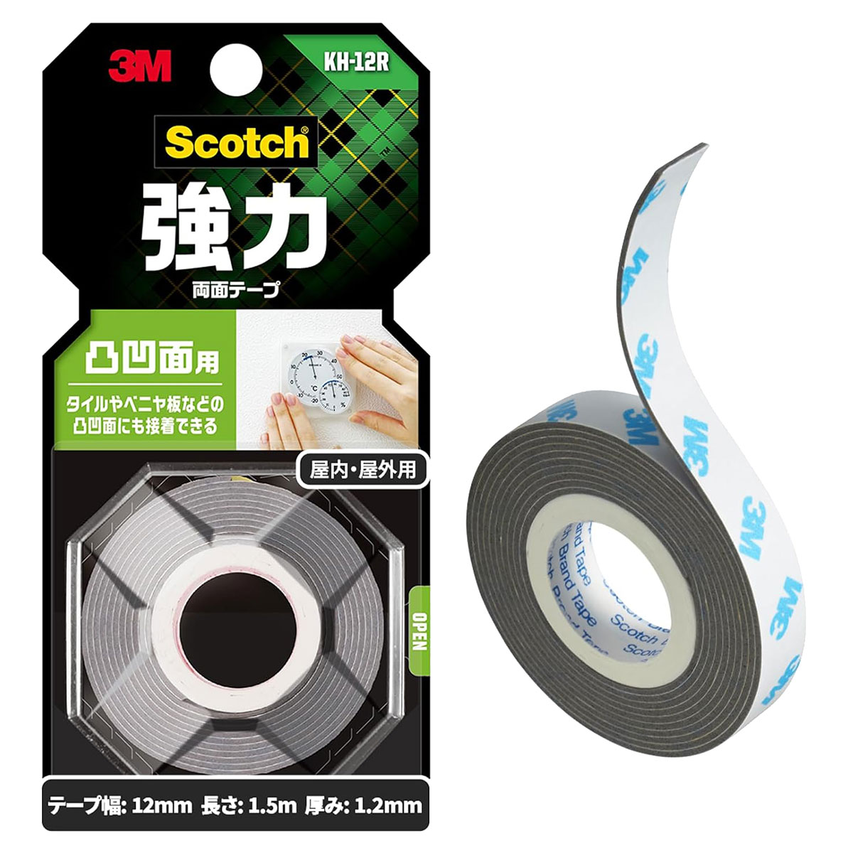 Rakuten - 両面テープ スコッチ 強力両面テープ 凸凹面用 KH-12R 灰 幅12mm×長さ1.5m×厚み1.2mm 3M Scotch 屋内 屋外 両面テープ 強力 タイル アクリル 耐候 M8