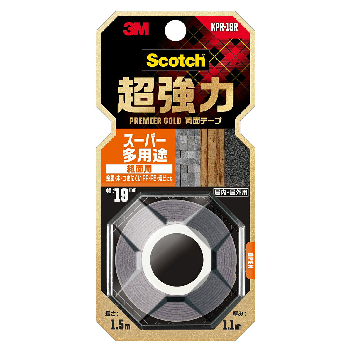 まとめ買い 10巻入 Scotch 超強力 両面テープ スーパー多用途粗面用 プレミアムゴールド KPR-19R 3M 幅19mm 長さ1.5m 厚み1.1mm M1