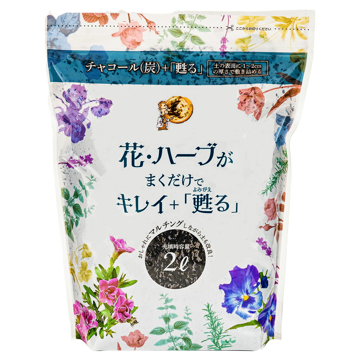 土壌改良とマルチングのハイブリッド資材。土の再生と同時にチャコール炭で見た目もオシャレにマルチング。植えたままの植物へカンタン上から“まくだけ“ で植物もイキイキ。マルチングの効果で急激な温度変化から植物を守り、ゴミや水やり時の泥はねによる病気予防も期待できます。主原料：チャコール炭使い方根を傷めないように注意しながら、土の表土を少し取り除いて下さい。本品を土がかくれる程度の量をしきつめて下さい。※1〜2cmの厚さが目安です。お好みに合わせて加減して下さい。しきつめ後、上から水をかけると「蘇る」が下へ移動し見た目がキレイになります。メリット・温度変化緩和・乾燥防止・見た目がキレイ・再生材としても使用可能使用量の目安3号鉢(約9cm)／0.1L4号鉢(約12cm)／0.2L5号鉢(約5cm)／0.3L6号鉢(約18cm)／0.4L7号鉢(約21cm)／0.5L8号鉢(約24cm)／0.7L9号鉢(約27cm)／0.9L10号鉢(約30cm)／1L検索ワード : まくだけ甦る 観葉植物 マルチング材 観葉植物 土壌改良材 観葉植物 病気予防 観葉植物 乾燥防止 マルチング材 雑草防止 まくだけで甦る マルチング材