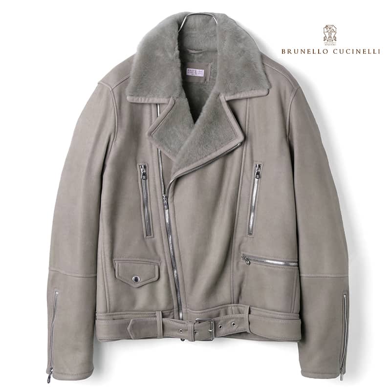 BRUNELLO CUCINELLI / ブルネロクチネリ｜ムートンレザーダブルライダースジャケット(MPMV01565)｜（ライトグレー）｜ 秋冬 レザージャケット シープスキン ムートン 羊皮 羊革 本革 革ジャン メンズ イタリア アウトレット