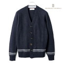 BRUNELLO CUCINELLI / ブルネロクチネリ｜ウールカシミヤシルクリブ編みハイゲージVネックニットカーディガン(M3618806)｜（ネイビー×グレー×ホワイト）｜ 秋冬 リブ編みカーディガン ヴァージンウール カシミア シルク メンズ イタリア アウトレット