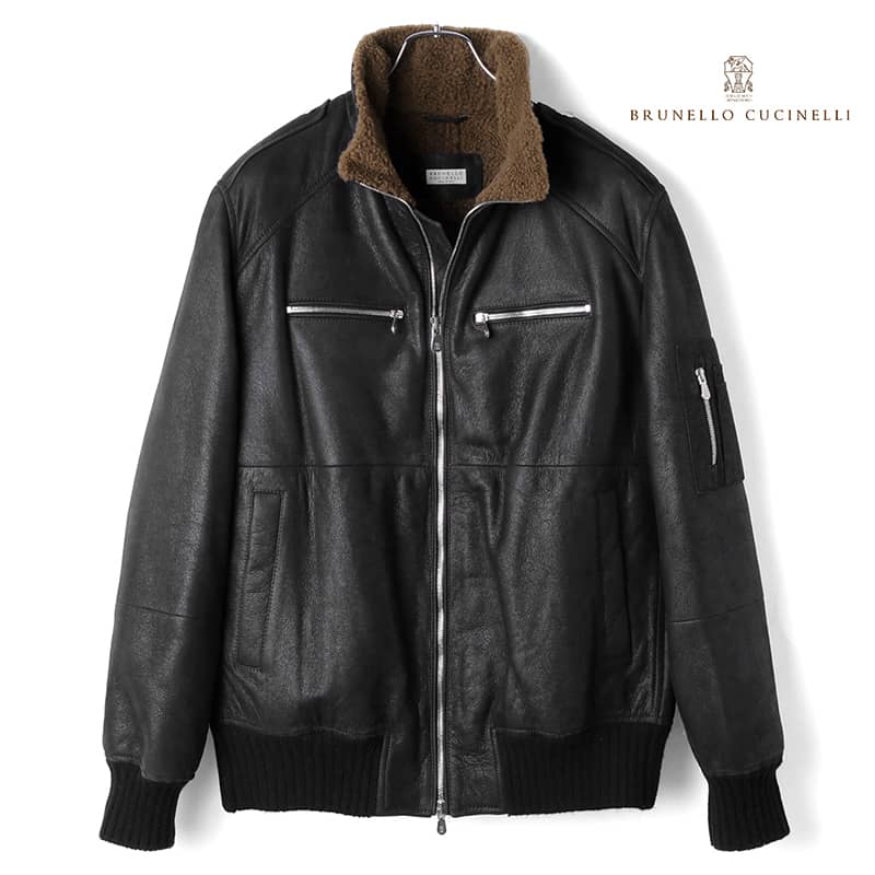 BRUNELLO CUCINELLI / ブルネロクチネリ|ヴィンテージ加工ムートンフライトジャケット|(ブラック)| 秋冬 ムートンジャケット ムートンブルゾン レザージャケット シアリング 本革 革ジャン メンズ イタリア アウトレット