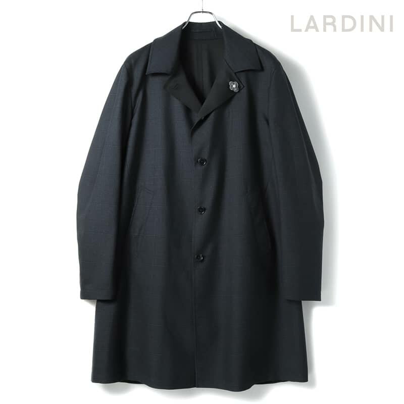 ラルディーニ LARDINI / ラルディーニ｜ウールシルクカシミヤグレンチェック柄リバーシブルステンカラーコート｜（ダークネイビー×ブルー）｜ 秋冬 バルカラーコート チェックコート 一枚仕立て アウター メンズ イタリア アウトレット