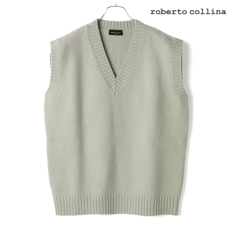 roberto collina / ロベルトコリーナ｜ウールカシミヤミドルゲージオーバーサイズVネックニットベスト(RM35032)｜（ウォッシュドミントグリーン）｜ 秋冬 ロべコリ スーパーファインメリノウール カシミア プルオーバーニットベスト セーター イタリア アウトレット