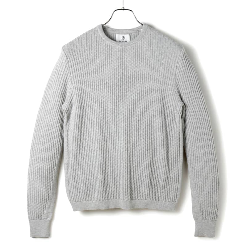 【40%OFF】RIVORA / リヴォラ｜コットンカシミヤケーブル編みクルーネックニット(R23-MKT001)｜（グレー）｜ 3シーズン ケーブルニット セーター 超長綿 カシミア メンズ 日本製 アウトレット