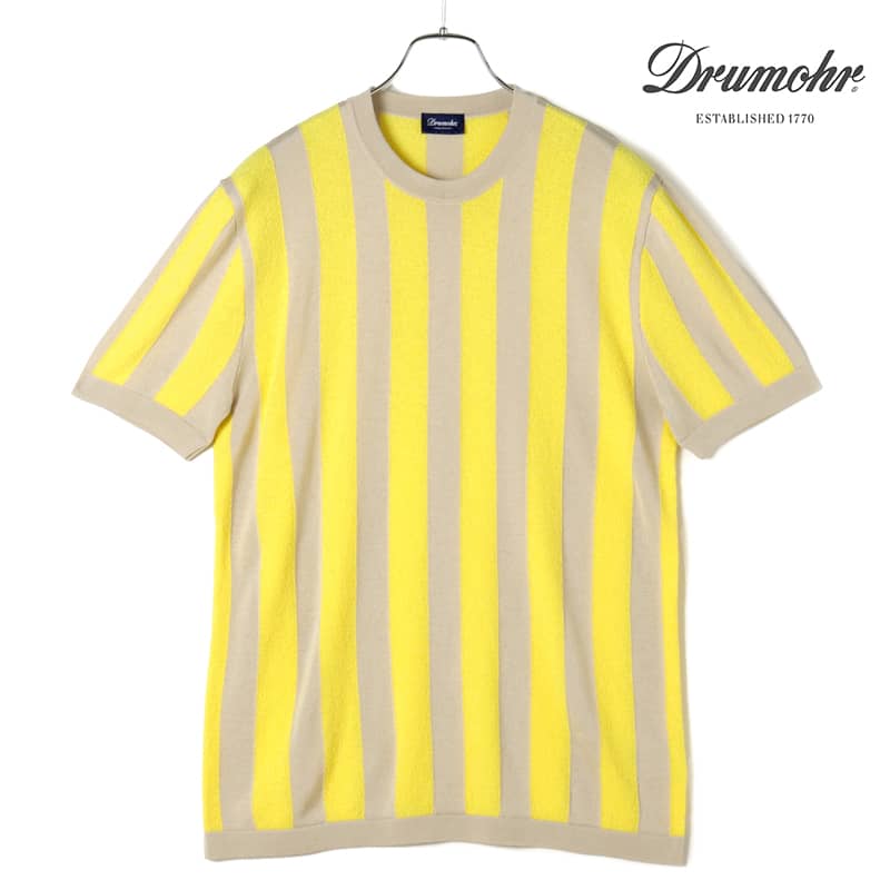 Drumohr / ドルモア｜シルクコットン編地切り替えしストライプ柄半袖クルーネックニット(D9V100R1)｜（..