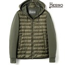 ヘルノ ダウンジャケット メンズ HERNO / ヘルノ｜ナイロン×スウェットハイブリッドフーデッドブルゾン(PI001009U)｜（カーキ）｜ 春夏 スウェットパーカー フーディー ライトダウンジャケット ブルゾン スプリングアウター メンズ イタリア アウトレット